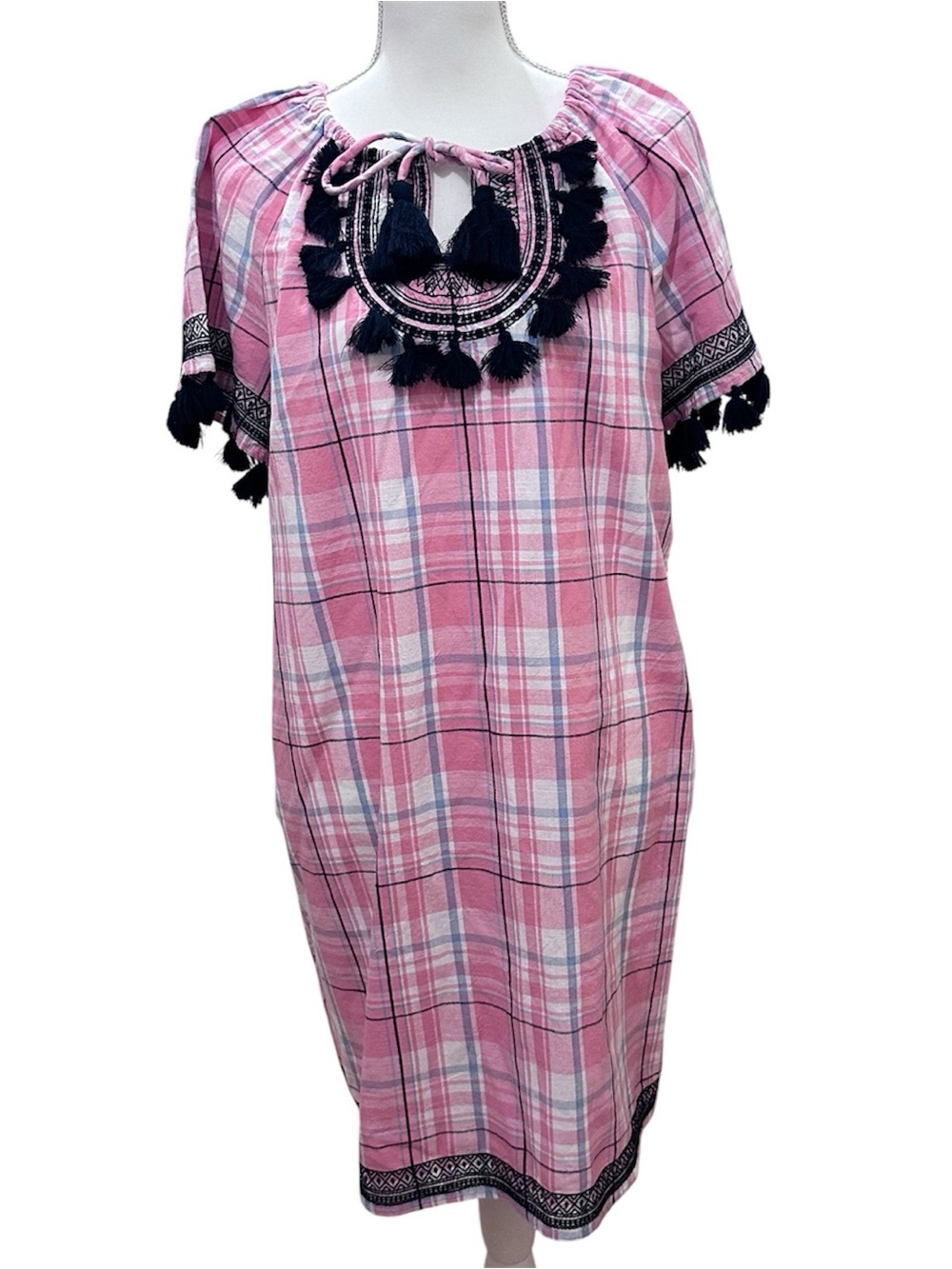 Crown & Ivy Pink Plaid Embroidered Shift Dress with Tassels.
